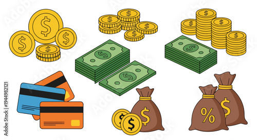 Various Financial Elements with Money, Cards, and Purses Representing Cash Flow and Wealth.