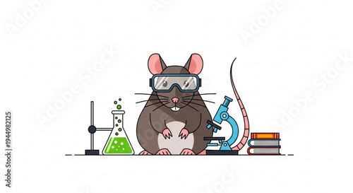 Curious brown lab mouse in goggles sits beside green beaker microscope and science books on white background