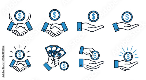 Collection of hand gesture icons illustrating collaboration, ideas, and business finance.