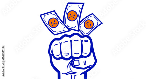 Illustrated Fist Gripping Playing Cards in Bold Blue Line Art Style.