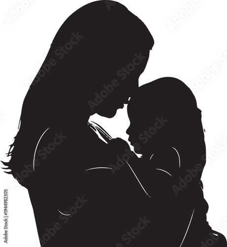 Silhouette of a loving mother embracing her child, a tender moment of connection and maternal care, captured in profile.