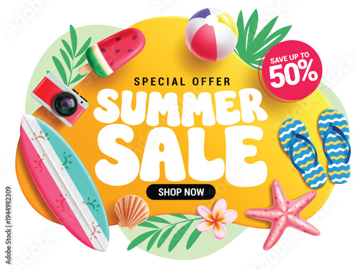 Summer Sale clipart background design. Summer Sale text in yellow abstract background clip art with tropical elements like surfboard, camera, popsicle, beach ball, flipflop and starfish for Summer 
