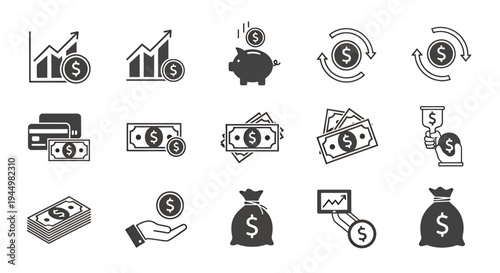 Collection of finance and money icons featuring cash, coins, piggy bank and banking concepts illustrations.
