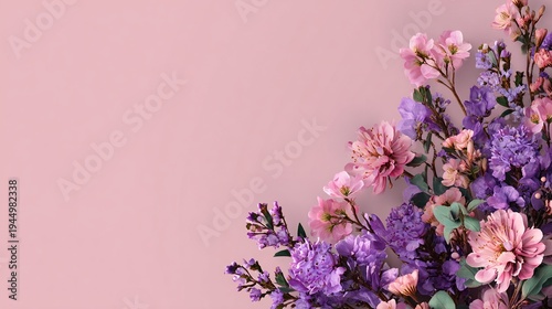 Elegant floral arrangement of pink and purple flowers on a pink background