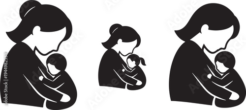 Three stylized black silhouettes of mothers cradling babies, representing different stages or styles of maternal care and bonding.