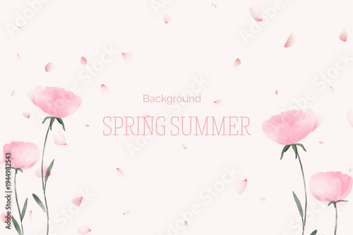 Spring floral in watercolor vector background. Luxury wallpaper design with pink flowers, line art, golden texture.