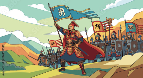 Chinese Warrior Leading Troops

Flat vector illustration of a Chinese general leading soldiers into battle. Holding a command flag or sword. Army formation and banners visible behind. Flat vector styl
