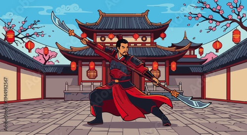 Chinese Warrior Practicing Martial Arts

Flat vector illustration of an ancient Chinese warrior practicing martial arts with a sword or spear in a courtyard. Temple and lanterns visible. Flat vector
