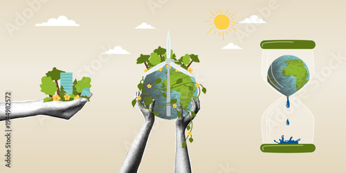 Hands holding the earth with a wind turbine and an hourglass with a melting planet. Trendy halftone collage. Environmental protection concept. Global warming and climate change crisis. Sustainable
