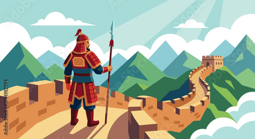 Chinese Warrior Standing on Great Wall

Flat vector illustration of an ancient Chinese warrior standing on the Great Wall of China, holding a spear while watching the horizon. Mountains and clouds 