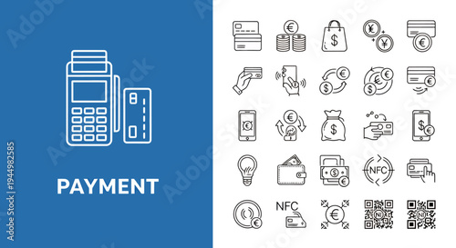 Collection of payment and financial transaction icons featuring a card terminal, cards, NFC, and QR scanning illustrations.