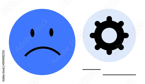 Troubleshooting concept. Sad face next to gear icon system failure or error. Troubleshooting in technology, customer service, problem-solving, and software repair contexts