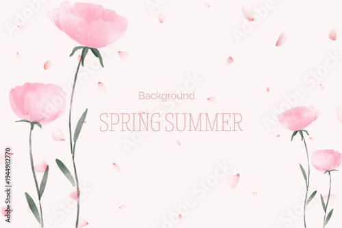 Spring floral in watercolor vector background. Luxury wallpaper design with pink flowers, line art, golden texture.