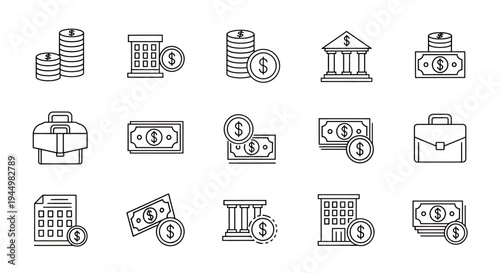 Assorted Finance Icons Depicting Money, Banking, and Transactions for Business Concepts.