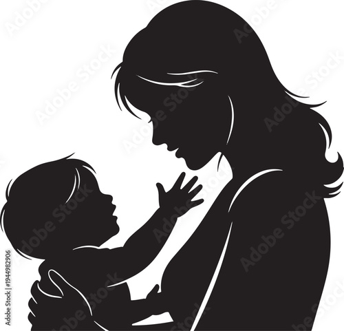 Silhouette of a mother looking lovingly at her baby, with the baby reaching out, capturing a moment of deep connection and maternal love.