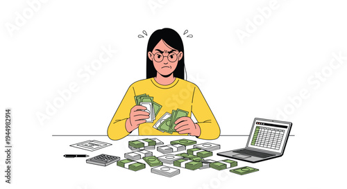 A frustrated woman in glasses and a yellow shirt is intensely counting numerous stacks of green banknotes at a white desk with a laptop.