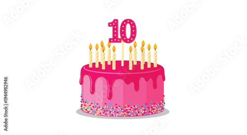 A pink birthday cake with colorful sprinkles and ten lit candles features a large number 10 topper on a white background.