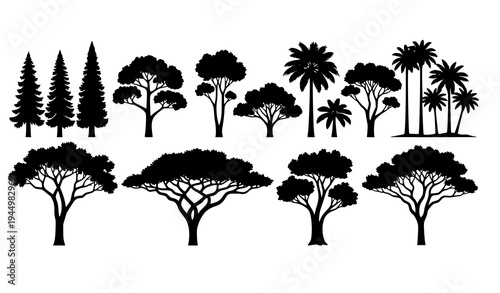 Diverse tree silhouettes from global ecosystems forest tropical desert and savanna vector collection