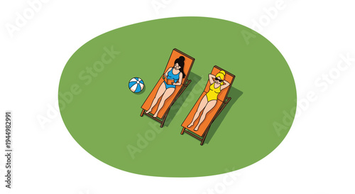 Two women in swimsuits are relaxing on orange lounge chairs on a green oval patch of grass with a beach ball.