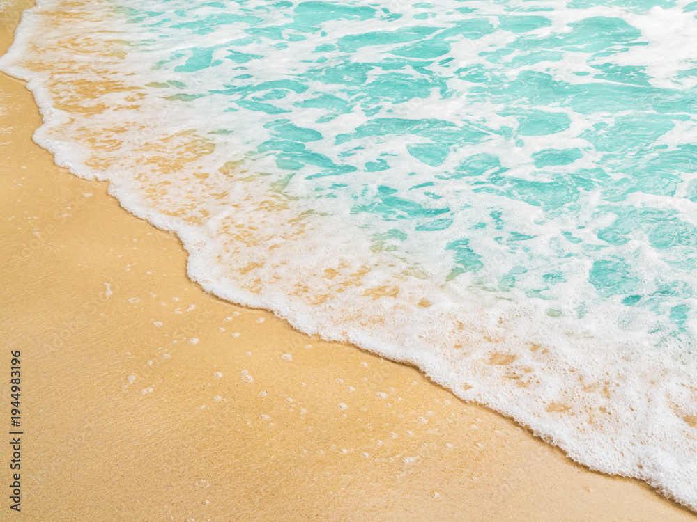 Fototapeta premium Summer background sea blue with sand beach at coast island scene mockup water nature travel vacation holidays tropical, mockup ocean ecosystem energy change environment, backdrop product cosmetic.