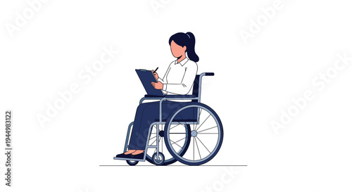 A woman with dark hair, wearing a white shirt, sits in a blue wheelchair, writing on a clipboard in her lap.