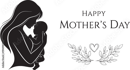 Mother and Child Silhouette with Delicate Leafy Branch and Heart Emblem for Mother's Day