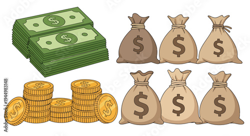 Multiple piles of cash, coins, and money bags representing financial wealth and assets.