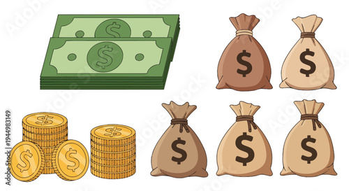 Abundant cash, coins, and money bags symbolize business wealth and finance.