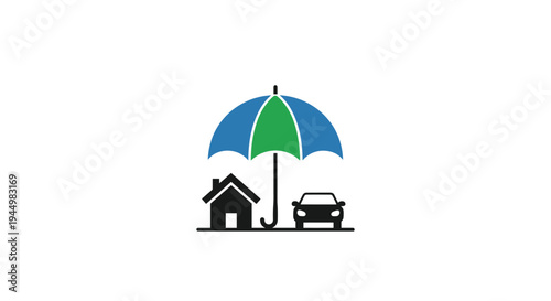 A blue and green umbrella stands open, providing shelter over a small black house and a black car silhouette.