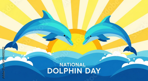 Two dolphins jumping out of ocean waves on national dolphin day with sunburst background