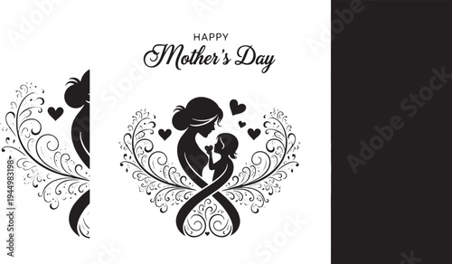Elegant Mother's Day Graphic with Floral Swirls and Mother-Child Silhouette