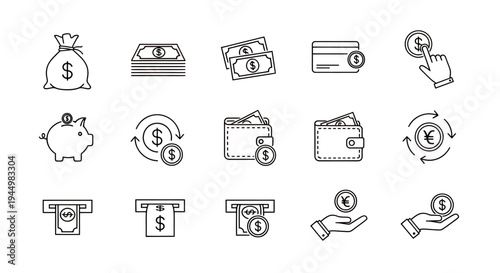 Collection of finance themed icons depicting money, wallet, cards, receipts, coins and piggy bank elements.