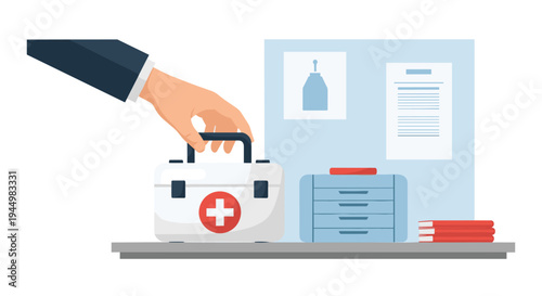 A human hand places a white first aid kit with a red cross onto a gray table next to office items against a light blue background.