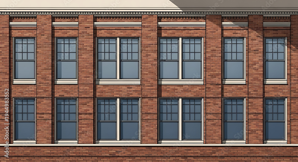 Obraz premium Exterior view of red brick building with multiple windows urban architecture facade.
