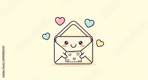 Cute cartoon envelope with smiling face and colorful hearts around symbolizing love and friendship in digital communication