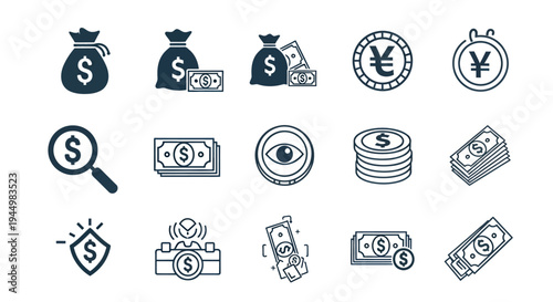 Collection of money and financial icons including coins, bills, bags, and cards for business graphics.