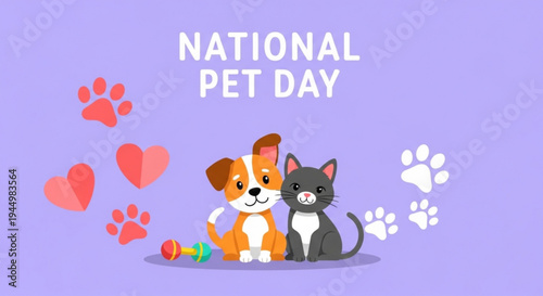 Cute dog and cat sitting together on national pet day with hearts and paw prints