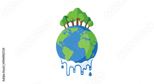 A vibrant blue and green globe with lush green trees on its top hemisphere is shown with melting ice and water droplets dripping from its bottom.