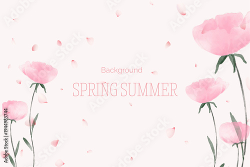 Spring floral in watercolor vector background. Luxury wallpaper design with pink flowers, line art, golden texture.