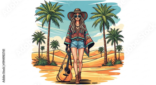 Woman with guitar walking on sandy beach with palm trees and blue sky background carefree summer vibe bohemian style