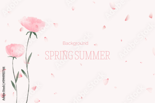 Spring floral in watercolor vector background. Luxury wallpaper design with pink flowers, line art, golden texture.