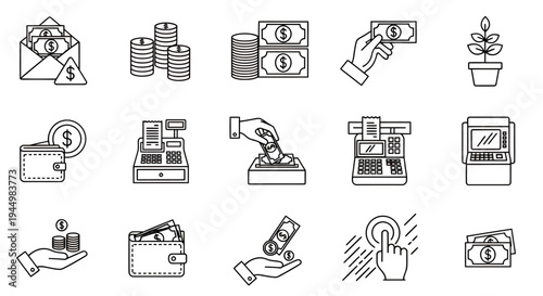 Multiple finance and business icons representing money, commerce, and accounting concepts.
