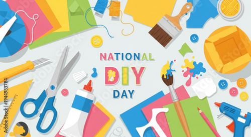National diy day colorful illustration with tools and supplies for crafting and home improvement projects
