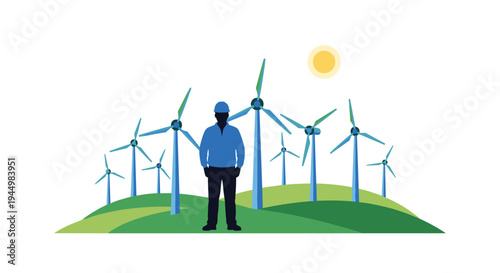 A silhouetted engineer in a hard hat stands amidst a field of numerous blue wind turbines on green hills under a bright sun.
