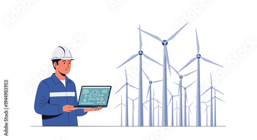 A smiling male engineer in a white hard hat and blue uniform holds a laptop displaying schematics in front of multiple wind turbines.
