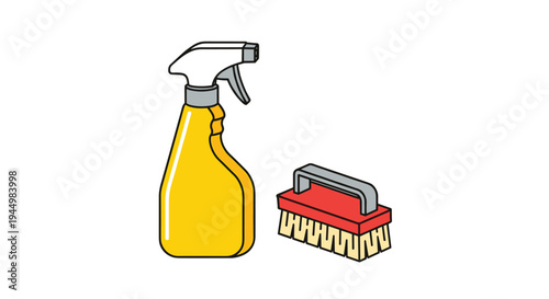 A yellow spray bottle and a red scrubbing brush are prominently displayed side-by-side on a pristine white background with clear outlines.