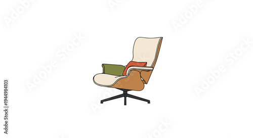 A modern, ergonomic armchair with light upholstery, wooden accents, and a swivel base features two contrasting cushions on a white background.