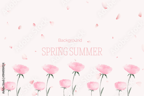 Spring floral in watercolor vector background. Luxury wallpaper design with pink flowers, line art, golden texture.