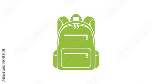 A minimalist, solid green backpack icon featuring two main zippered compartments and shoulder straps is centered on a clean white background.