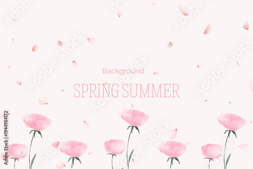 Spring floral in watercolor vector background. Luxury wallpaper design with pink flowers, line art, golden texture.

